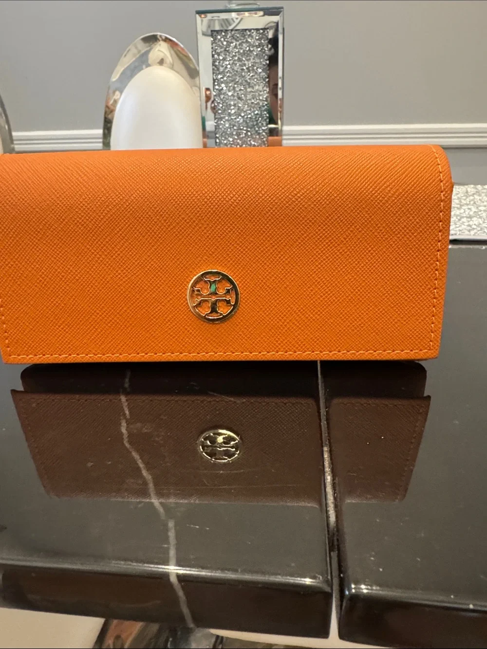 Tory Burch Black Oversized Geometric Sunglasses with Orange Case